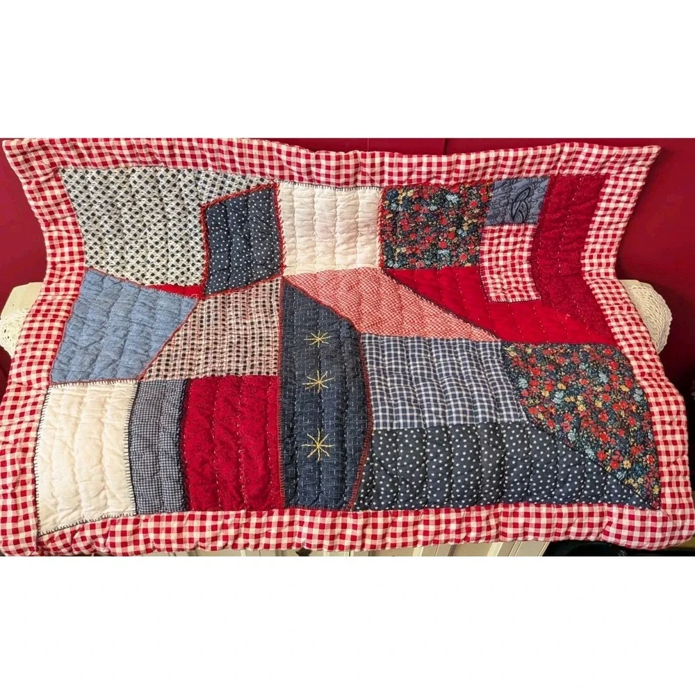 pair of 2 Quilted patchwork shams red checkered standard Cotton pillow cases